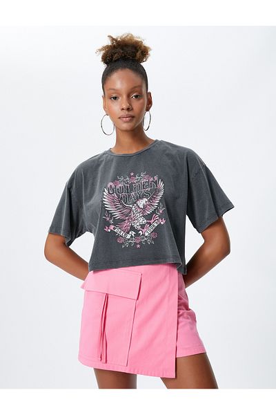 Koton Bedrucktes Baumwoll-T-Shirt mit Rundhalsausschnitt und Slogan