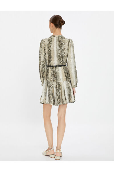 Koton Mini Fırfırlı Elbise Uzun Kollu Kemer Detaylı Yılan Derisi Desenli