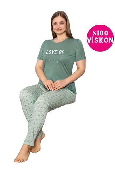 bie's Green Polka Dot Buttonless Round Neck Large Oversize Viscose Large Size Pajama Set with Pockets