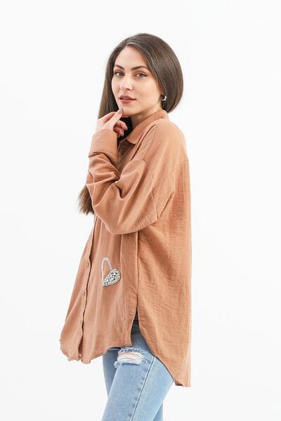 VAPUR TEKSTİL Linen Shirt - Heart Embroidered with Stone Detail, Mink