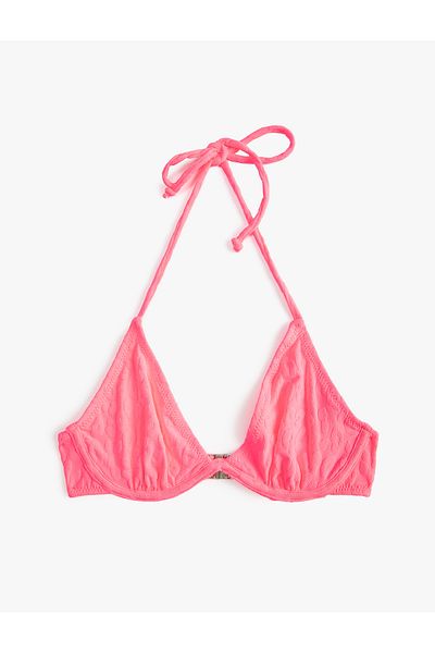 Koton Triangle Bikini Top Underwire Floral Textured Halter Neck