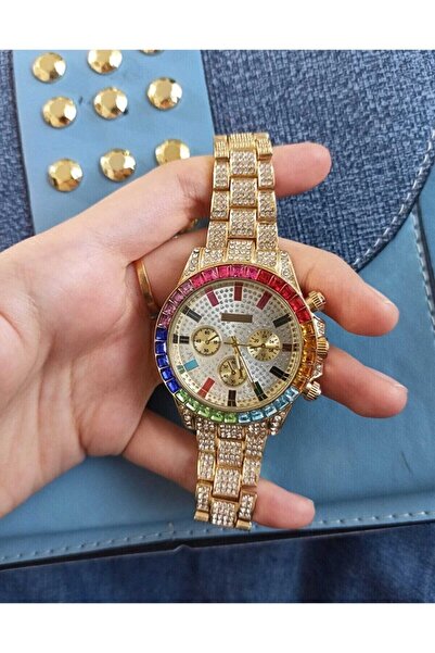 ÇENÇEN Gold Taşlı Parlak Kuvars Kol Saati