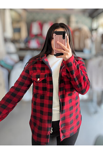 Sublime Butik Women's Plaid Red Black Lumberjack Fleece Hooded Zippered Cardigan