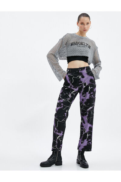 Koton File Crop Tişört Kolej Baskılı Uzun İspanyol Kol Yuvarlak Yaka