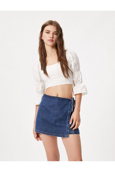 Koton Crop Blouse Square Neckline Low-cut Back Long Sleeve Gather Detailed Cotton