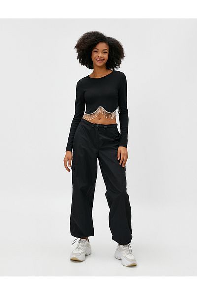 Koton Crop T-Shirt Long Sleeve Ribbed with Stone Detail