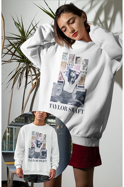 Fuddy Moda Hanorac unisex fără glugă cu imprimeu The Eras Tour, hanorac supradimensionat cu imprimeu Taylor Swift