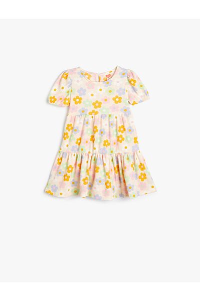 Koton Floral Dress Short Sleeve Round Neck Textured Layered