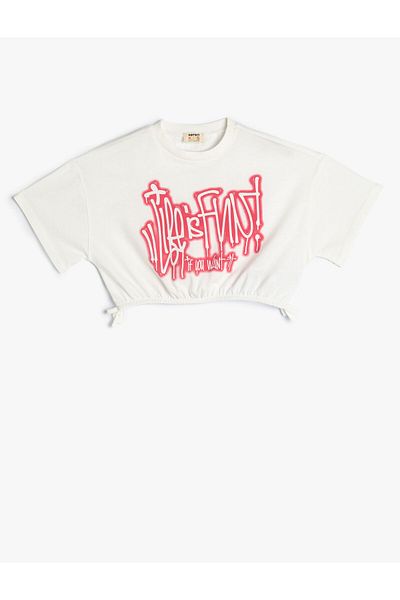 Koton Crop T-Shirt Slogan με στάμπα με κοντό μανίκι Crew λαιμόκοψη