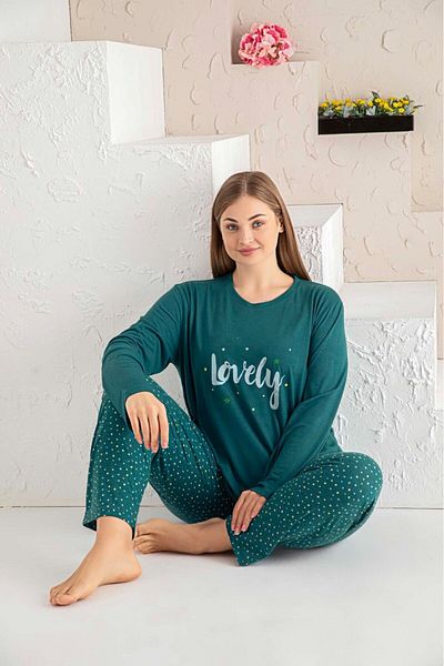 bie's Green Round Neck Large Oversize Viscose Pocket Large Size Seasonal Long Sleeve Pajamas Set