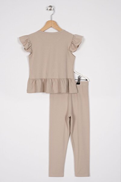 zepkids Μπεζ κοριτσίστικο καλσόν με βολάν μανίκια και αξεσουάρ με κουμπιά στο μπροστινό μέρος