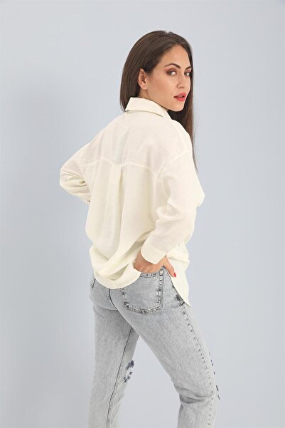 VAPUR TEKSTİL Ecru Linen Shirt - Eye Embroidered