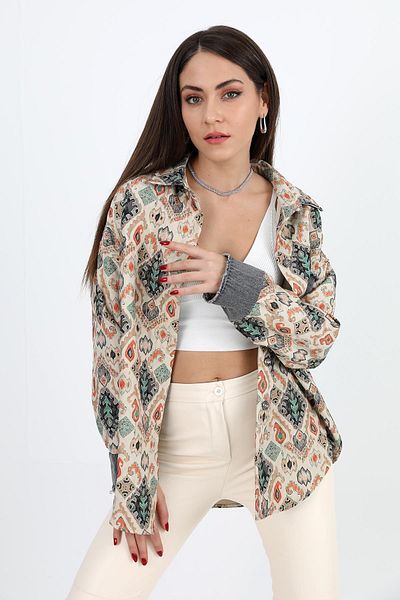 VAPUR TEKSTİL Cămașă matlasată Jacquard verde, cu garnitură de blugi și imprimeu