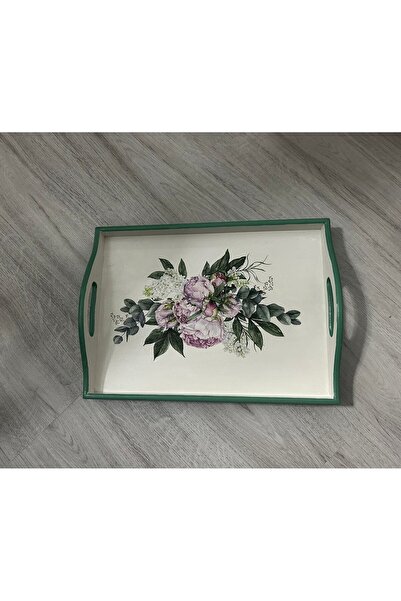 DERYA DESİNG ART Mutfak Dekorasyonu El Boyaması Çiçek Desenli Ahşap Tepsi 25x35cm