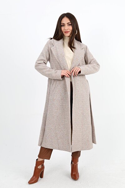 VAPUR TEKSTİL Long Mink Coat - Double Breasted Collar and Flannel Pocket