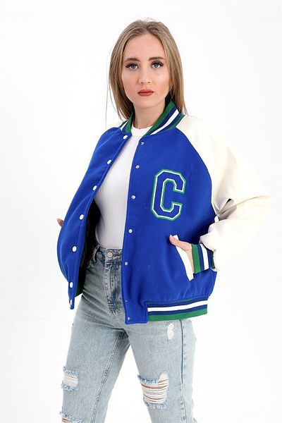 VAPUR Jachetă de colegiu cu mâneci raglan din piele - Sax Blue