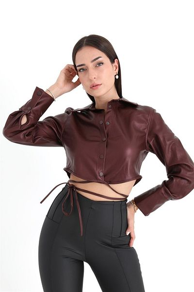 VAPUR Cămașă scurtă din piele de damă cu dantelă din catifea în interior - Roșu Claret