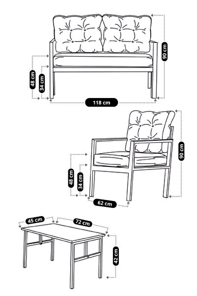 UFUK HOME Linda 2+1+1 Sehpalı Krem Bahçe Balkon Takımı Fermuarlı Minderli Metal Koltuk Takımı