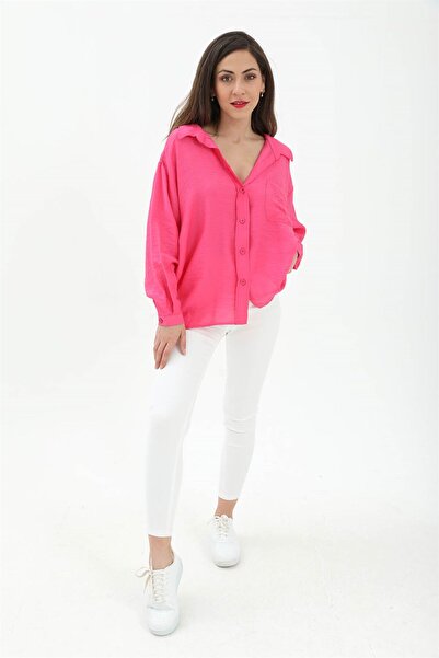 VAPUR TEKSTİL Fuchsia Casual Linen Single Pocket Shirt