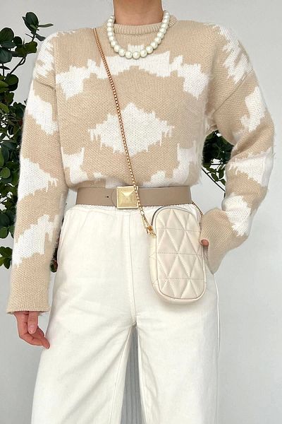 Ecenin Favorileri Pulover scurt cu gât crew raster - Stone-Cream
