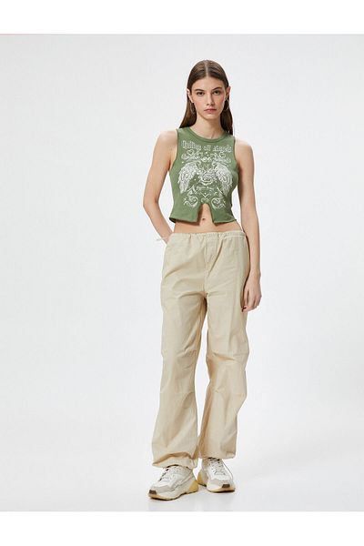 Koton Crop Sleeveless T-Shirt Printed Asymmetric Cut Front Crew Neck Cotton