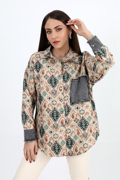 VAPUR TEKSTİL Cămașă matlasată Jacquard verde, cu garnitură de blugi și imprimeu