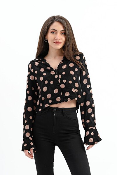 VAPUR TEKSTİL Shoulder Padded Sleeves Flounced Polka Dot Satin Shirt - Black-Camel
