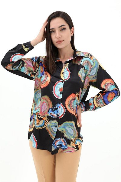 VAPUR Cămașă din satin cu model - neagră
