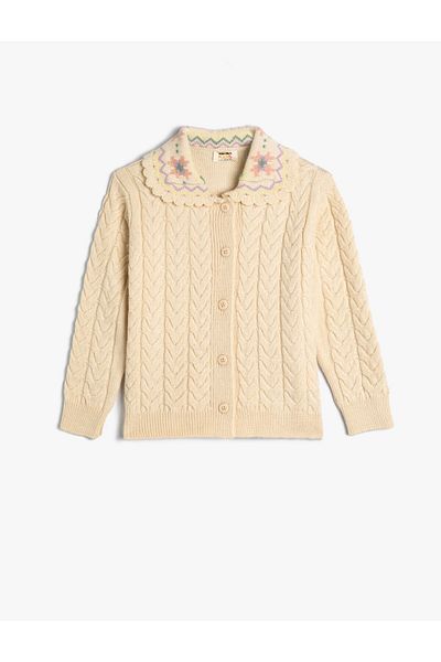 Koton Baby Collar Knitted Cardigan with Embroidery Detail and Buttons