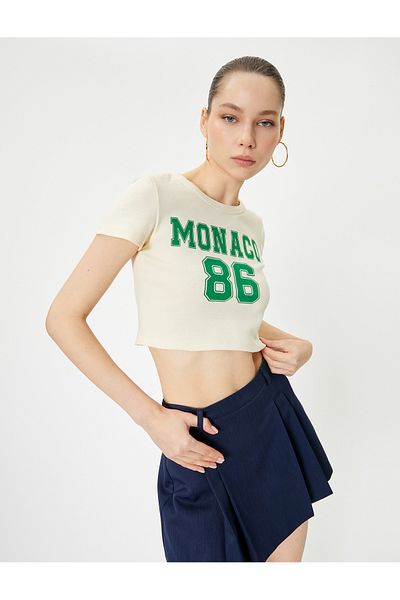 Koton Tricou Crop Monaco, cu mânecă scurtă, decolteu, bumbac, slim fit