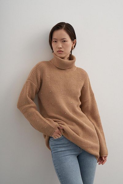 PARKhande Camel Colored Thessaloniki Braided Stone Detailed Sweater