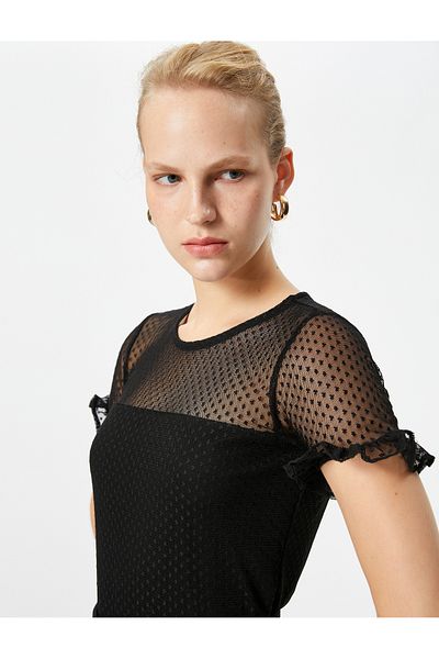 Koton Lace T-Shirt Short Sleeve Crew Neck Ruffle