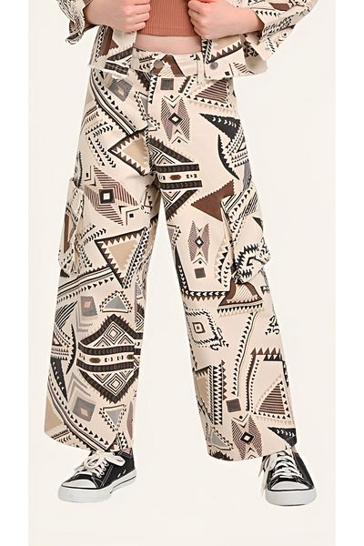 Escabel Çaren Kids - Ethnic Pattern Pocket Detailed Wide Leg Girls' Trousers