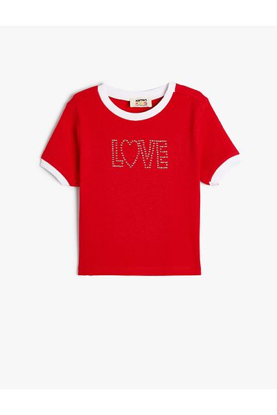 Koton Crop T-Shirt Short Sleeve Crew Neck Sequin Slogan Printed Cotton