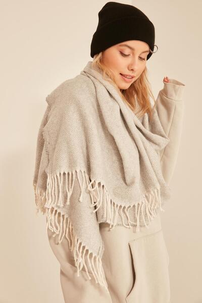 MARBERRY 13810 Soft Textured Tasseled Light Gray Thick Shoulder Shawl Scarf
