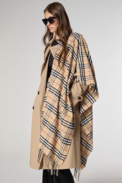 FELLMENS Μαλακό καρό μοτίβο με φούντες, χοντρό κασκόλ ώμου από σαφράν