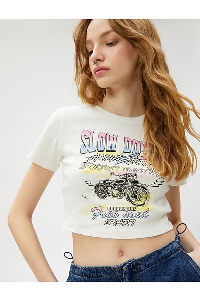 Koton Crop T-Shirt με στάμπα με λαιμόκοψη, βαμβακερό κοντό μανίκι