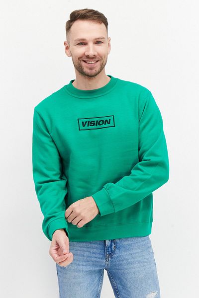 Vision Street Wear Men Crew Neck Embroidered Logo Long Sleeves Sweatshirt, Green