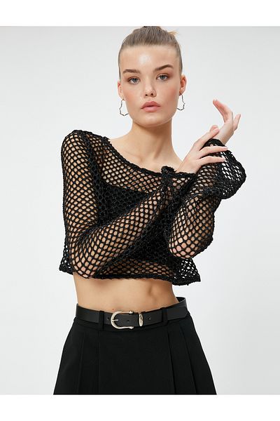 Koton Long Sleeve T-Shirt Crop Glitter Detailed Openwork Spanish Sleeves Comfortable Fit