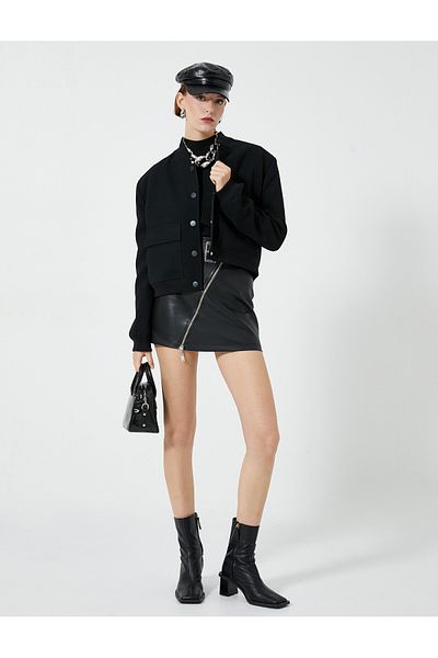 Koton Crop Jacket Buttoned Pocket Detailed Ribbed