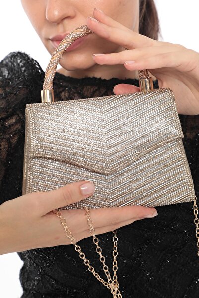 womenacs Gold Color Full Jewelled Chain Strap Stylish New Season Women's Evening Dress Portfolio Wedding Clutch Bag