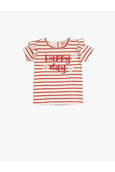 Koton Gestreiftes T-Shirt aus gerüschter, mit Pailletten bestickter Baumwolle mit kurzen Ärmeln