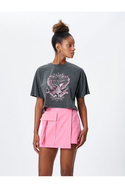 Koton Bedrucktes Baumwoll-T-Shirt mit Rundhalsausschnitt und Slogan