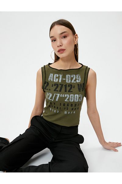 Koton Sleeveless T-Shirt Printed Viscose Fabric Blended Ribbed Round Neck