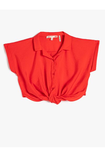 Koton Crop Blouse Short Sleeve Shirt Collar Front Tie Modal Fabric