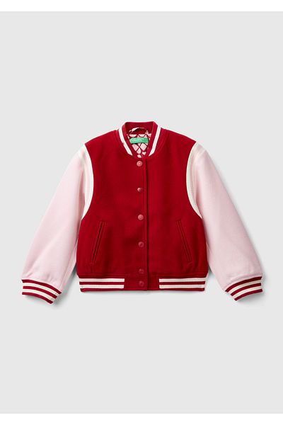 United Colors of Benetton Girl's Red Back Logo Detailed Contrast Color Heart Buttoned Bomber Jacket