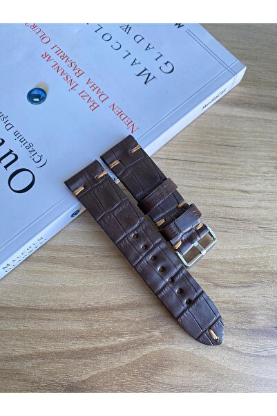 Prizma El Dikişi Koyu Kahverengi Croco Desen Gerçek Deri Saat Kordonu. Hakiki...