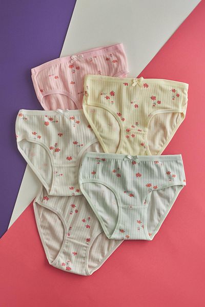 Katia&Bony Pack of 5 Girls Floral Patterned Ribbed Colorful Slip Panties