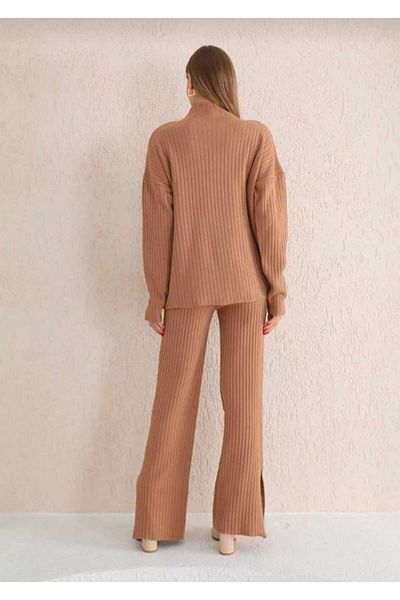 BlueTex Women's Ribbed Collar Zippered Leg Zippered Side Slit Knitwear Set