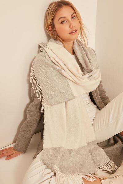 MARBERRY 13811 Soft Textured Fishback Pattern Gray-ecru Thick Shoulder Shawl Scarf